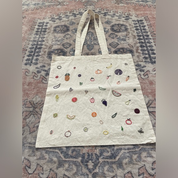 Hand Embroidered Multicolor Fruits & Vegetables Tan Canvas On The Go Tote Bag - Picture 3 of 5